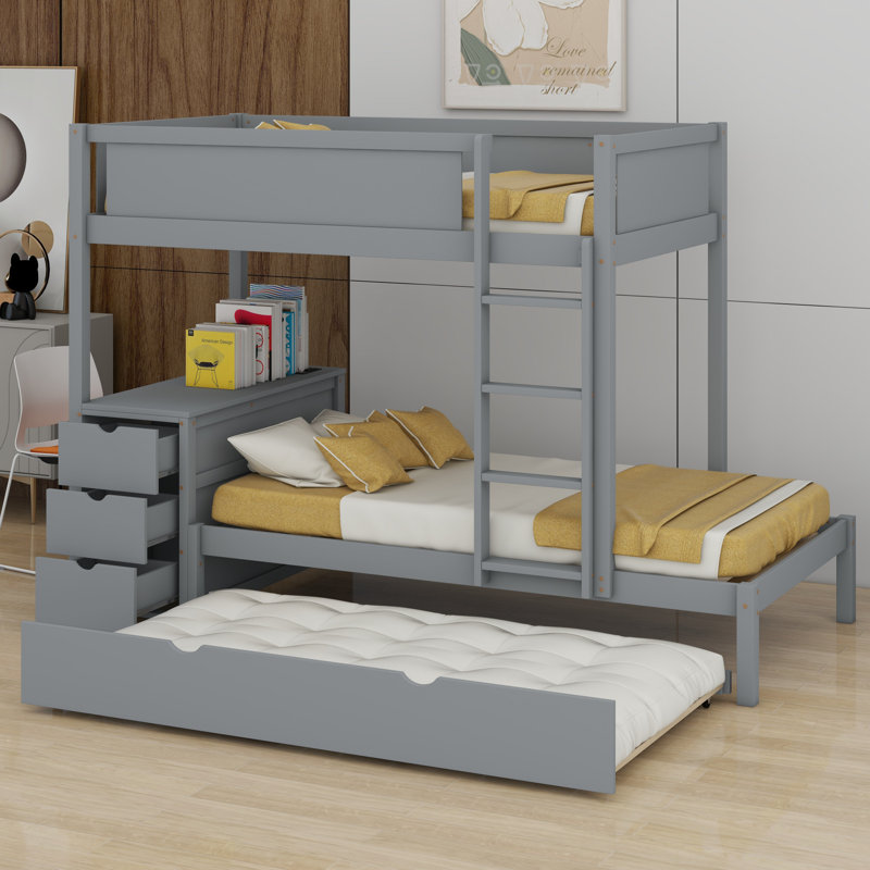 Lit superposé avec lit gigogne, tiroirs de rangement et bureau, Gris