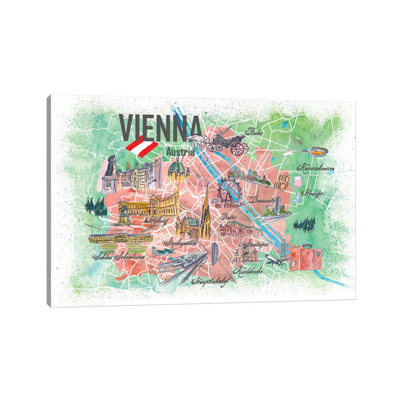 Vienna Illustrated Travel Map With Landmarks And Highlights by Markus & Martina Bleichner - Wrapped Canvas Print