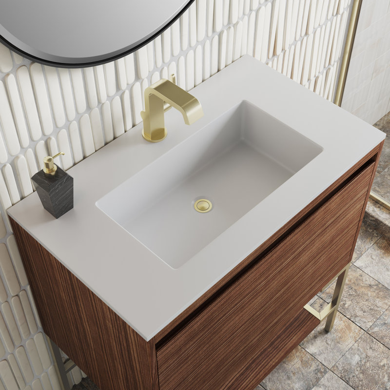 Mantova 31.5'' W Single Vanity, Charcoal Black, Mid Century Walnut/Champagne Brass