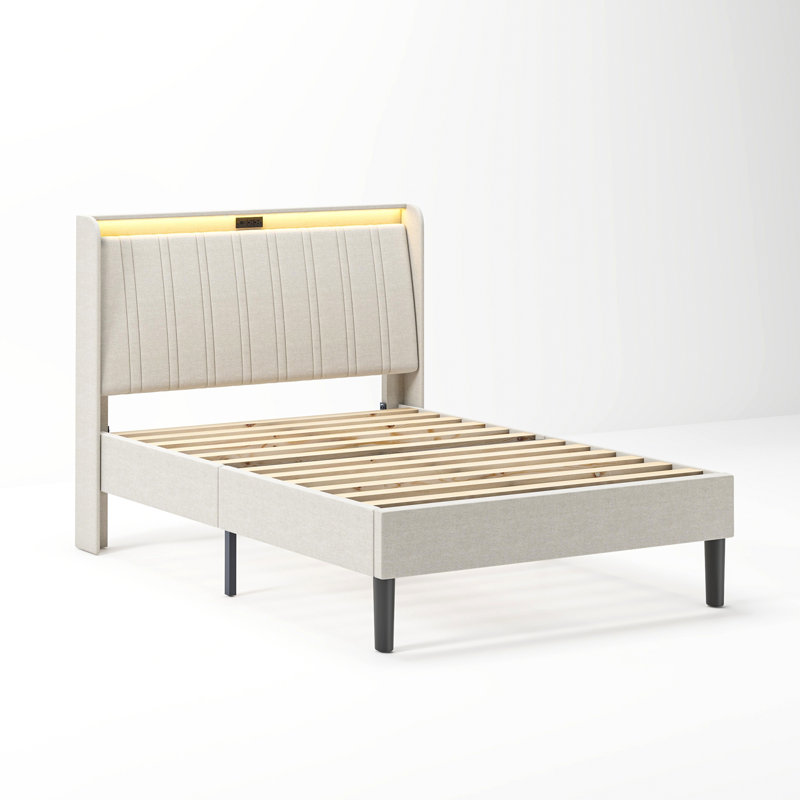 Structure de lit plateforme avec tête de lit tapissier, lattes en bois, enveloppée de tissu, aucun sommier tapissier requis