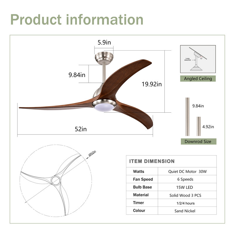 52" Solid Wood Blades Ceiling Fan With Light with Remote Control