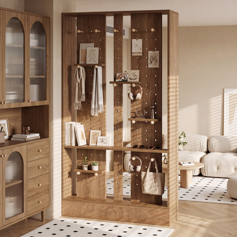 Paravent en bois avec panneau perforé, écran d'intimité autoportant de 69,7 po avec planches amovibles et bâtons de 25 pièces, cloison pour la maison et le bureau