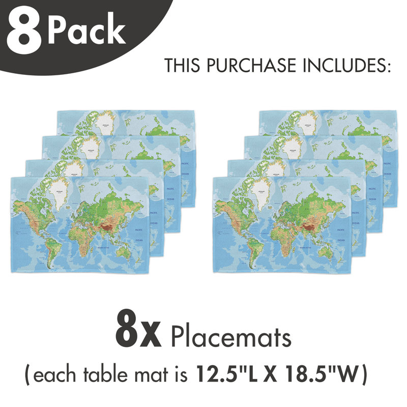 East Urban Home World Map Place Mats Set of 8 Topographic 8 pcs Multicolor