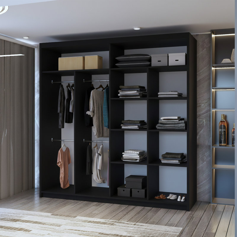 Alyssha 2 Door Manufactured Wood Wardrobe, 217cm H x 203cm W x 62cm D, Black