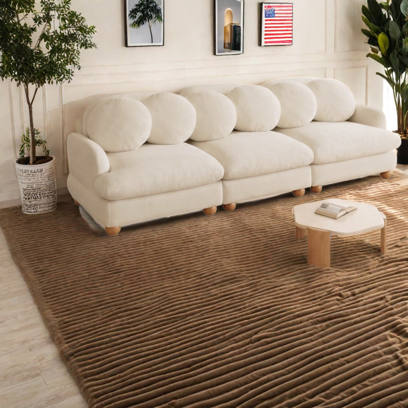 Canapé d'angle moderne, canapé trois places en chenille avec 6 coussins, structure en bois pour la maison, Beige