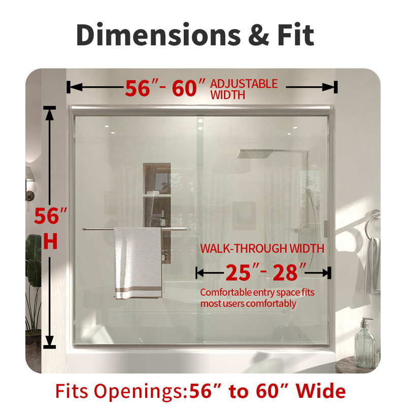 56-60" W x 56" H Semi-Frameless Sliding Bathtub Shower Door with Clear Tempered Glass, Adjustable Width Bypass Tub Door