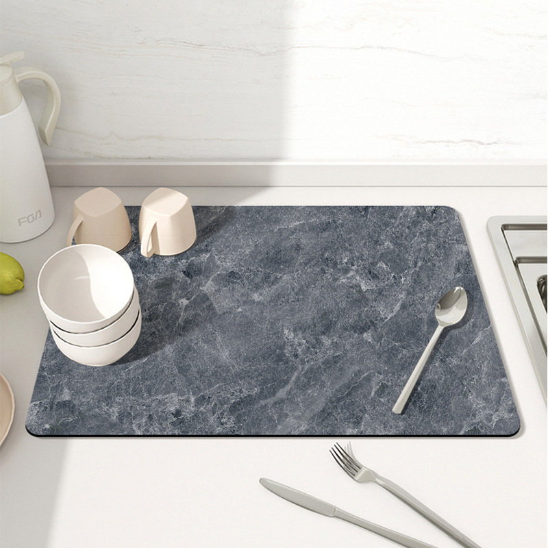 Absorbent Dish Drying Mat with Stylish Marbled Design and Non-Slip Rubber Backing, 15.8" H x 11.8" W x 1.12" D, Dark Gray