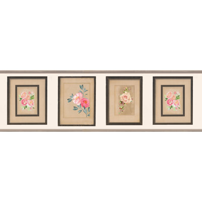 Brown Pink Flowers In Square Peel And Stick 15' L X 7'' W Wallpaper Border