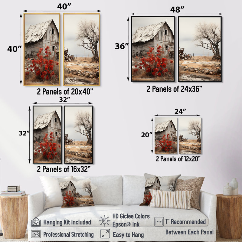 «Red Farmhouse Rustic Elegance I», ensemble de 2 impressions sur toile, H 32 po x l 32 po, Impression encadrée flottante