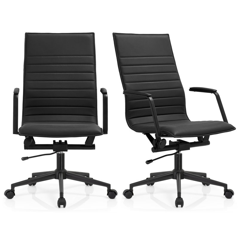 Set of 2 Modern High Back Office Desk Chair | Upholstered Ribbed PU Leather with Metal Frame | Computer Armchair for Home, Executive, Conference, Meetings