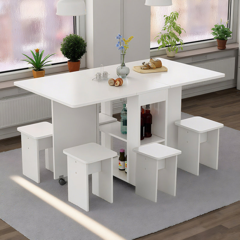 Table de salle à manger pliante à abattants pour 4 personnes avec 4 chaises, table de salle à manger pliable compacte avec rangement et 6 roulettes