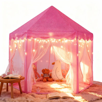 Wilwolfer Princess Castle Play Tent for Girls, Large Pink Playhouse with Star Lights, Carry Bag for Portable Indoor & Outdoor Fun. Perfect Gift for Kids(with mat)