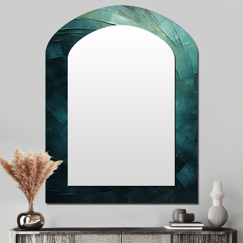 Teal Twisting Tranquility Spiral I - Abstract Spirals Asymmetrical Large Mirror, Modern Arch Decorative Wall Mirror, Printed Metal Art