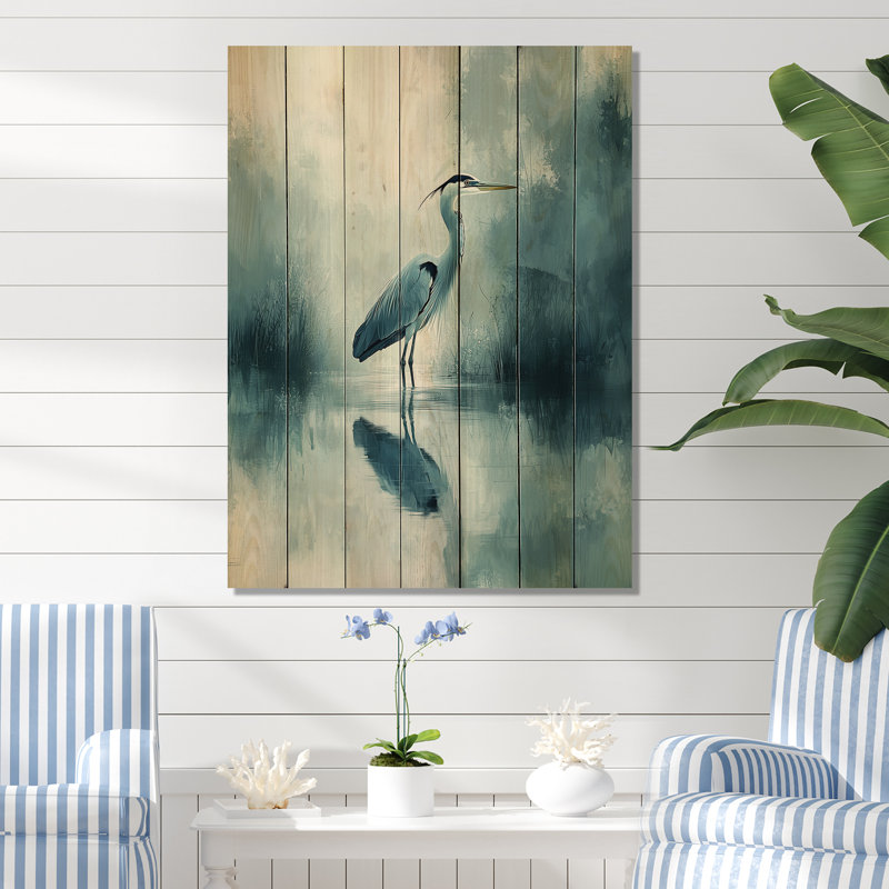 Blue Heron Minimalisme Elegance II - Héron, décoration murale en bois animal - sur bois de pin naturel