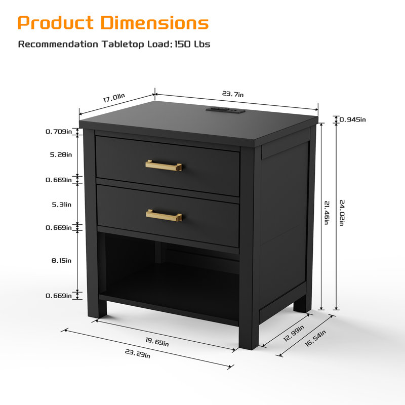 2 Drawers Solid Wood Nightstand With Storage, Open Shelf, 2 Power Outlets, 1 Usb Port, And 1 Type C Port, Black