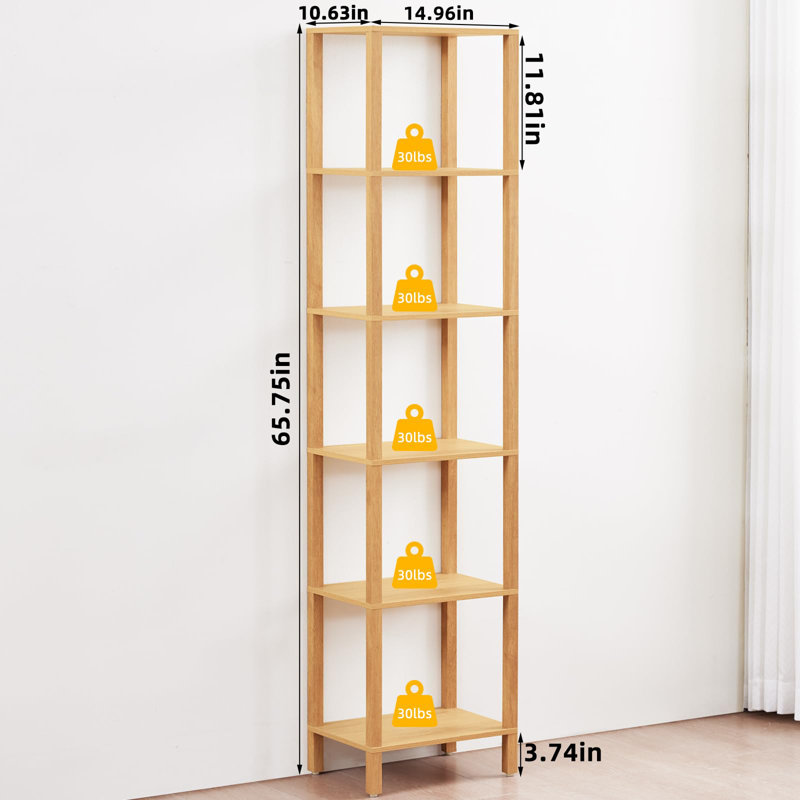 66in Tall Bookshelf 6-Tier Small Narrow Bookcase, Skinny Book Shelf for Small Space, Farmhouse Slim Shelf with Storage, Wood Freestanding Display Thin Bookshelves for Living Room (Natural)