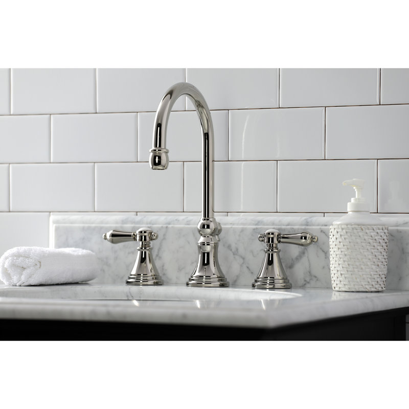 Kingston Brass Heirloom Two-Handle 3-Hole Deck Mount Widespread Bathroom Faucet with Brass Pop-Up Drain, Polished Nickel