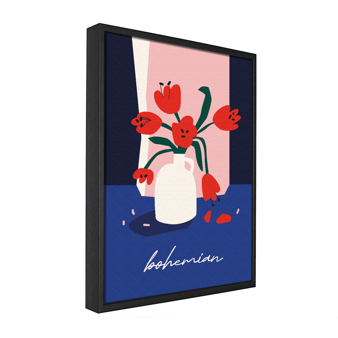 Bohemian Vase Rote Blumen - Einzelner Bilderrahmen Grafik auf Leinwand