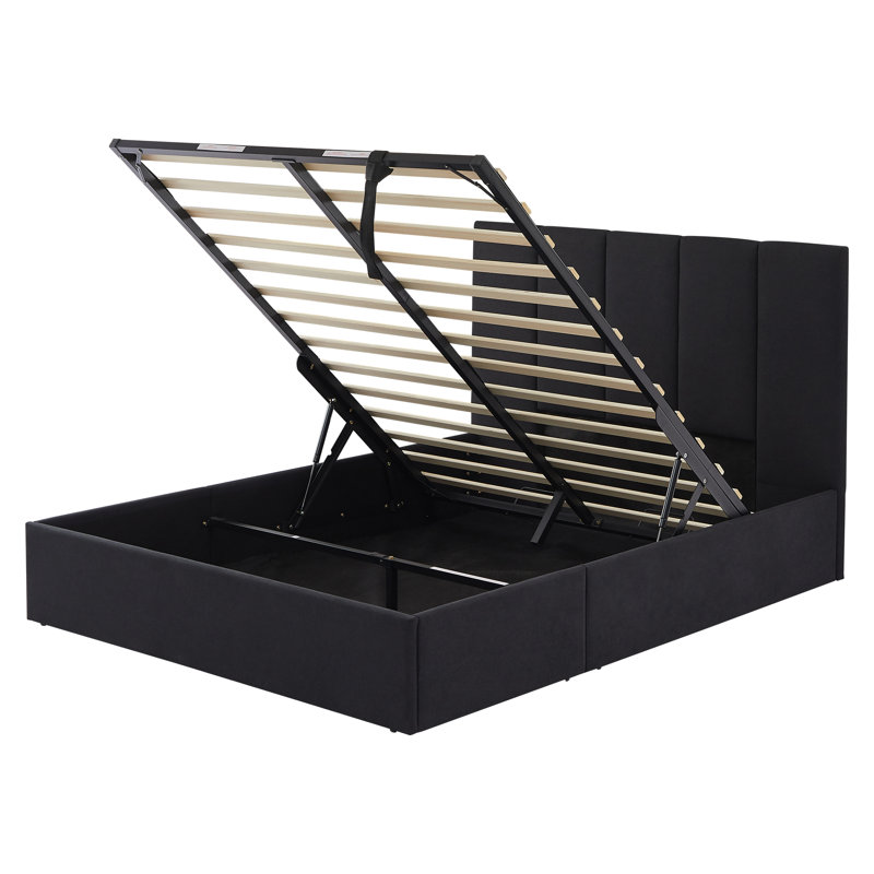 Lit plateforme tapissier à rangement hydraulique Juanetta, Double, Black Linen