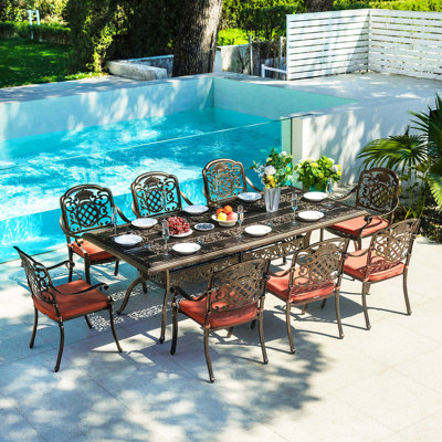 Ensemble de salle à manger 9 pièces pour patio, table d'extérieur en aluminium coulé résistant aux intempéries et chaises pour 8 personnes, comprend une table de salle à manger rectangulaire de 88 po et 8 chaises de salle à manger rembourrées emp
