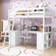 Lit mezzanine simple en bois peu encombrant avec bureau intégré, tiroirs, tablettes et armoire