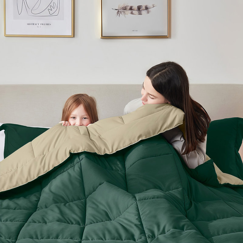 Édredon en duvet synthétique toutes saisons Nestl, Vert chasse / Sauge, Édredon pour lit simple + 1 taie décorative stan