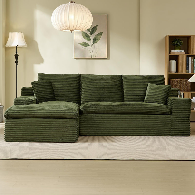 94.5" Corduroy Upholstered Modular Sofa, Compression Foam Bonless Sofa & Chaise with Cupholder and Side Pocket, Green