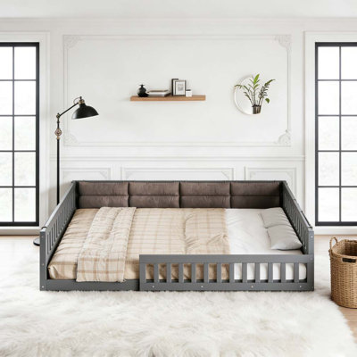 Wood Full Size Upholstered Platform Bed with Guardrail and Pillow
