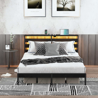 Metal Platform Bed Frame With Wooden Headboard And Footboard With USB LINER, LED Lights, No Box Spring Needed, Under Bed Storage, Easy Assemble