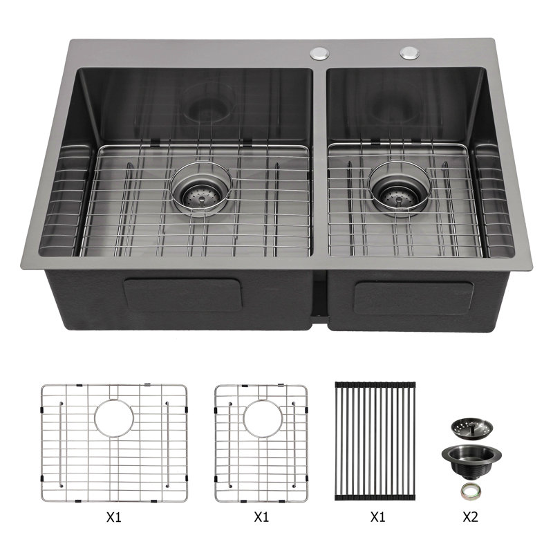 Double Bowl Drop In Sink- 33" X 22" X 10" Gunmetal Black Double Bowl Kitchen Sink 16 Gauge With Two 10" Deep Basin(60/40)