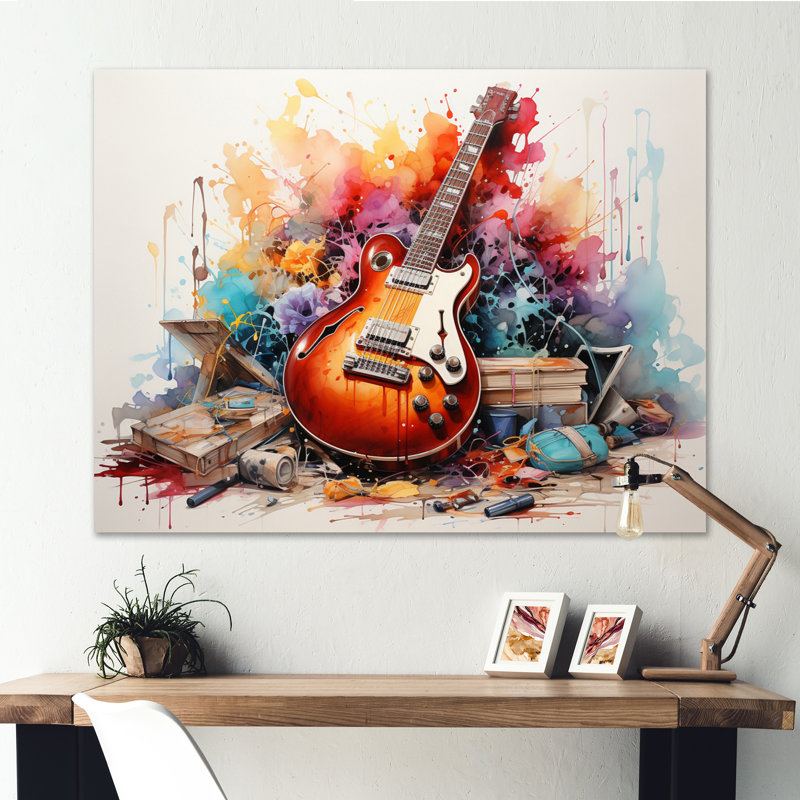 «Dry Watercolor Fire Guitare III», reproduction, H 12 po x l 20 po x P 1 po, Toile tendue
