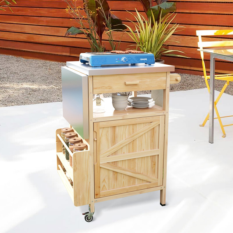 Outdoor Grill Cart With Stainless Steel Top,with Drop Leaf,rolling Kitchen Cart With Lockable Wheels, Natural