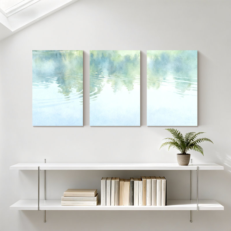 Hiver, forêt, reflet de l'eau, ciel bleu, vert, calme, ensemble serein de 3 impressions sur toile, H 30 po x l 60 po