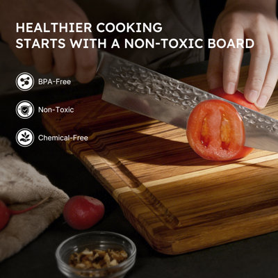 Ensemble de 3 planches à découper en bois de teck pour cuisine avec support