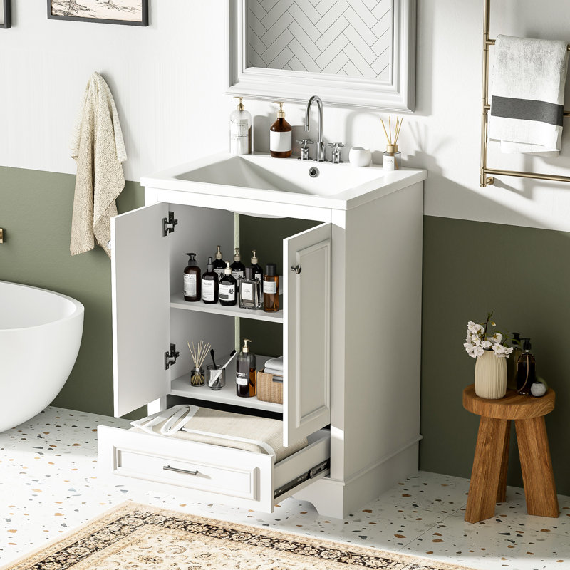 Meuble-lavabo de 61 cm avec lavabo en céramique, lignes élégantes, construction robuste, tiroir spacieux, style moderne, céramique, organisé