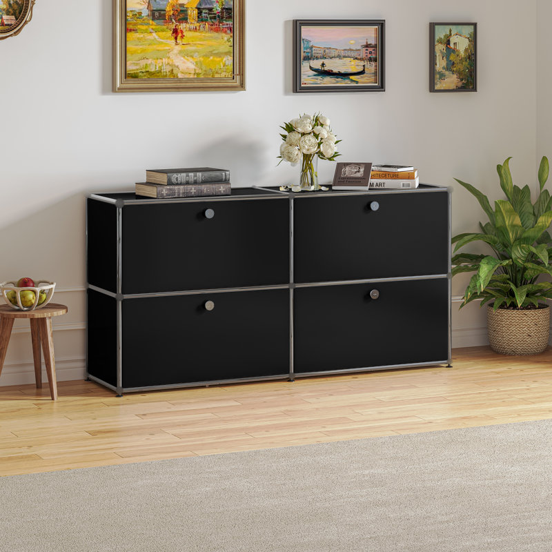 Modular Metal Drawer Sideboard File Cabinet Dining Cabinet Shelf Bookcase 2-Tier Storage, Black