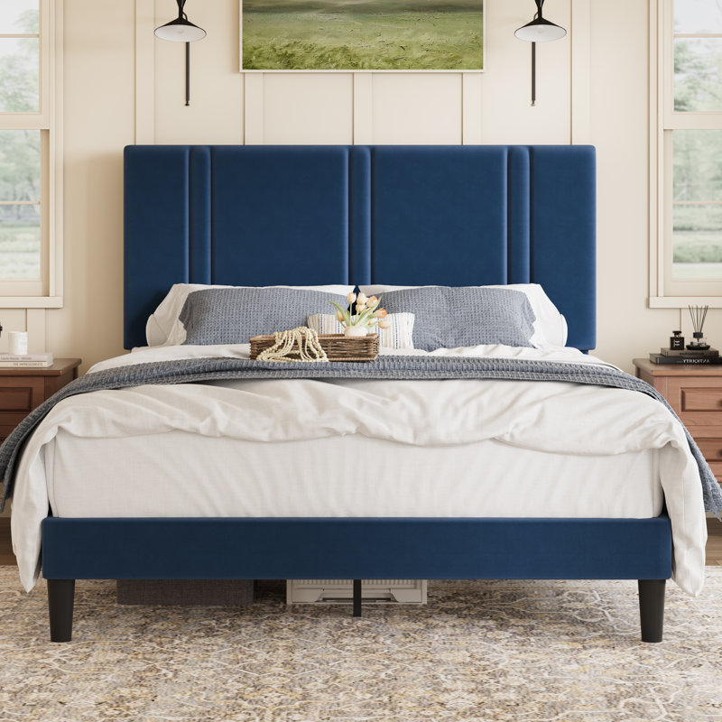 Structure de lit tapissier moderne avec tête de lit en velours moderne, Lit double, Bleu très foncé