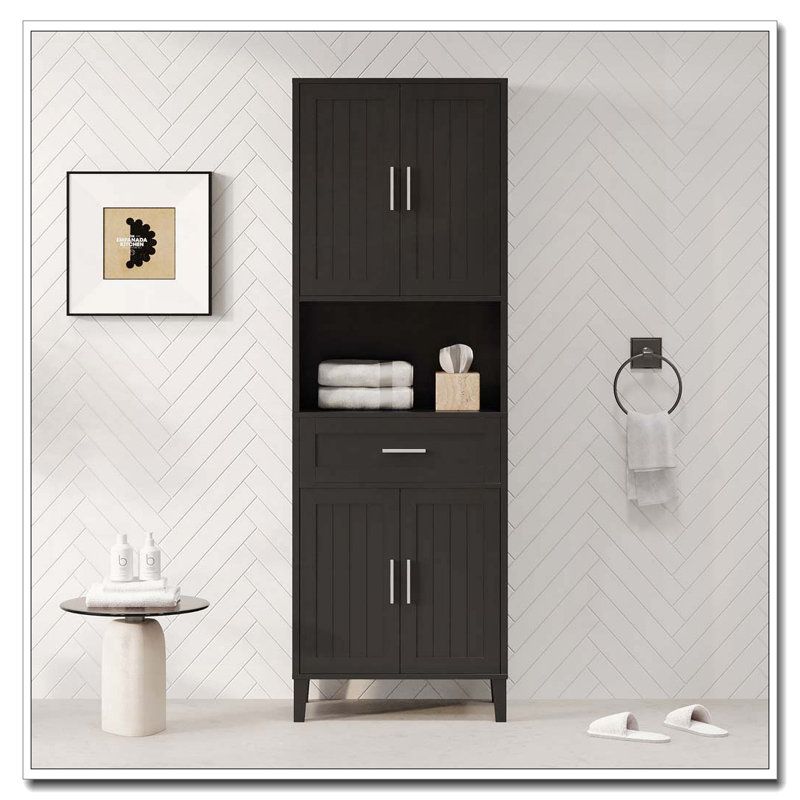 Freestanding Tall Bathroom Cabinet with a Drawer, 2 Cabinets, 4 Soft-Close Doors, 2 Adjustable Shelves, Open Storage, Black