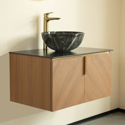 Meuble-lavabo de 30 po avec comptoir en pierre noire et vasque en céramique, design minimaliste moderne, idéal pour les salles de bain / toilettes