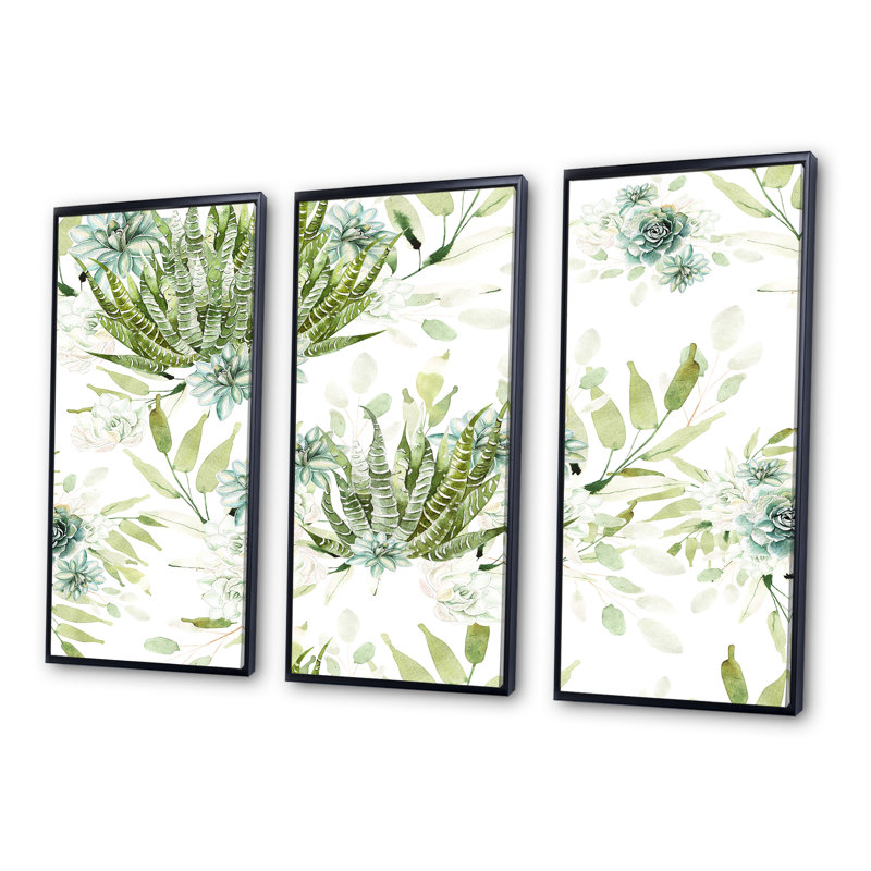 Cactus et plantes grasses sur fond blanc, ensemble de 3 toiles encadrées, Noir, H 28 po x l 36 po x P 1 po