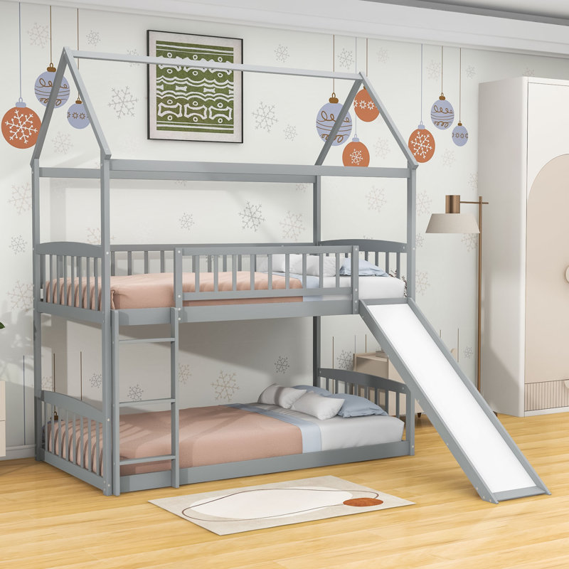 Lit superposé simple en bois avec glissière, garde-corps et échelle