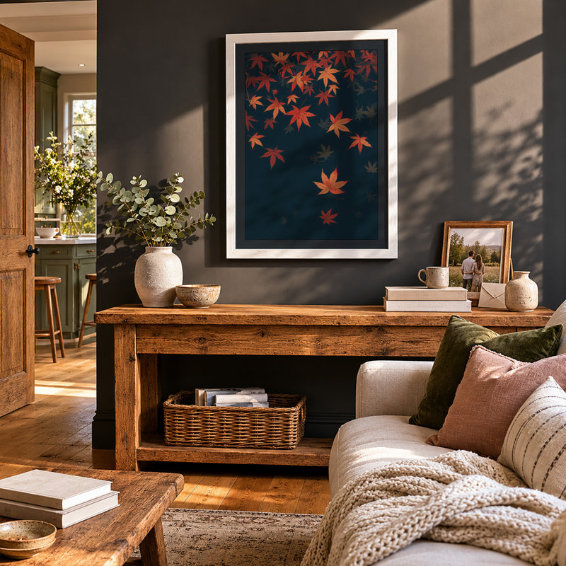 Falling Autumn Leaves Botanical - Framed Print, A4 - 29.7 x 21.0 cm, White
