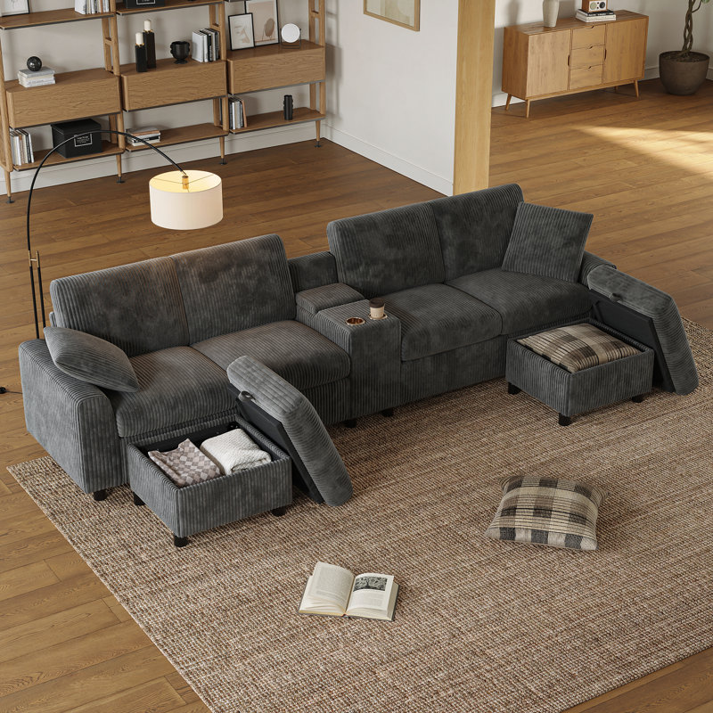 6 Seater Corduroy Sofa, Gray