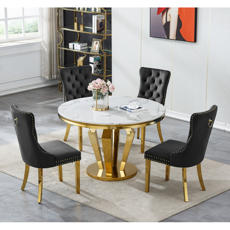 Round Dining Table Set, Faux Marble Dining Table & Velvet Chairs with Stainless Steel Pedestal, 44.88" Dining Room Table and Chairs Set, Luxury Circle Dining Table Set