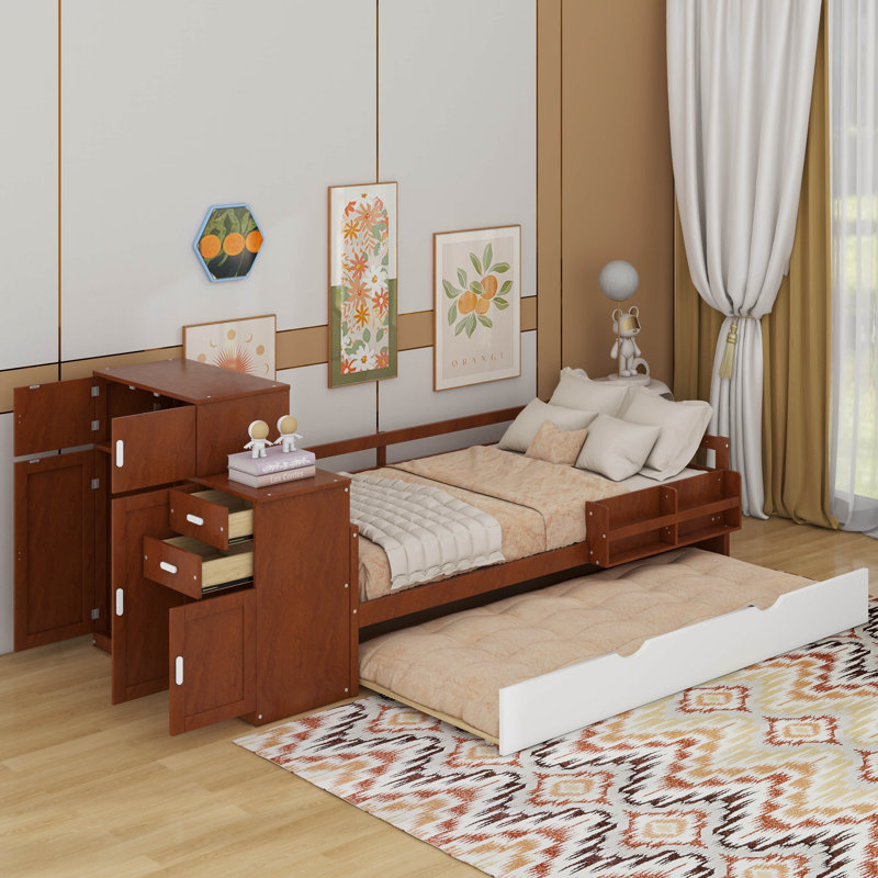 Twin Size Wood Platform Bed With Sample Bookshelf And Movable Wardrobe, Multifunctional Bed With Built-In Trundle Bed, Walnut