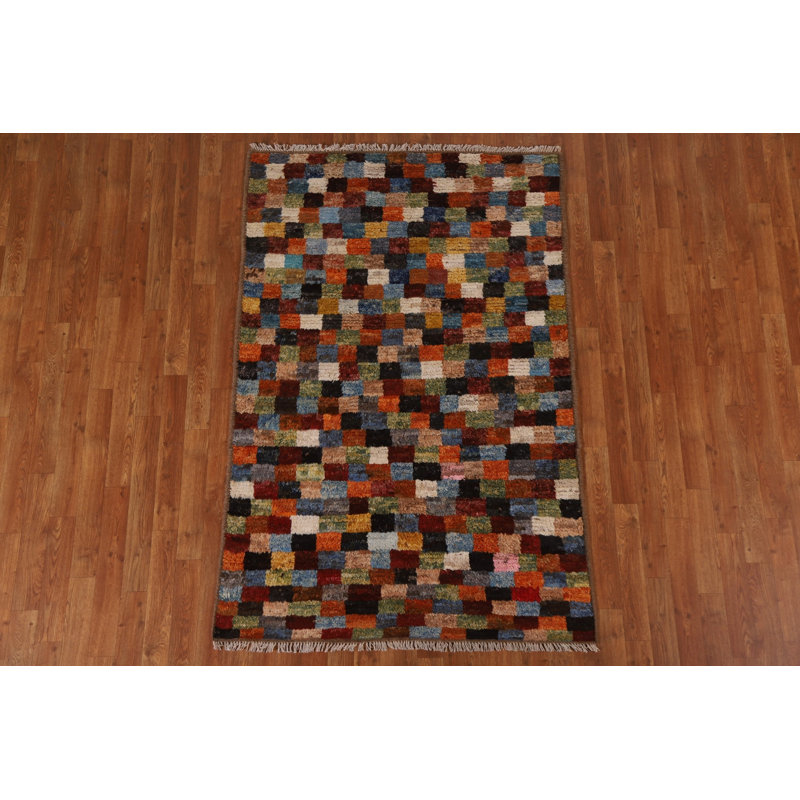 Tapis bleu / brun / vert en laine noué à la main de conception unique 3 pi 11 po x 6 pi New Age