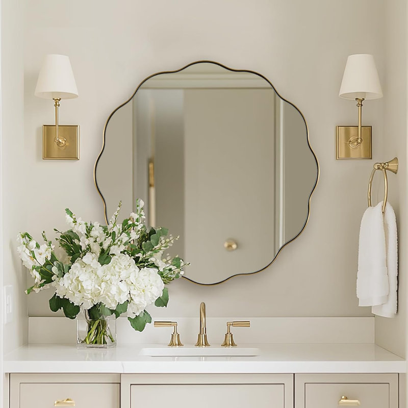 Miroir de salle de bain Contemporary Cadre en acier inoxydable, Or brossé, 36 po x 36 po