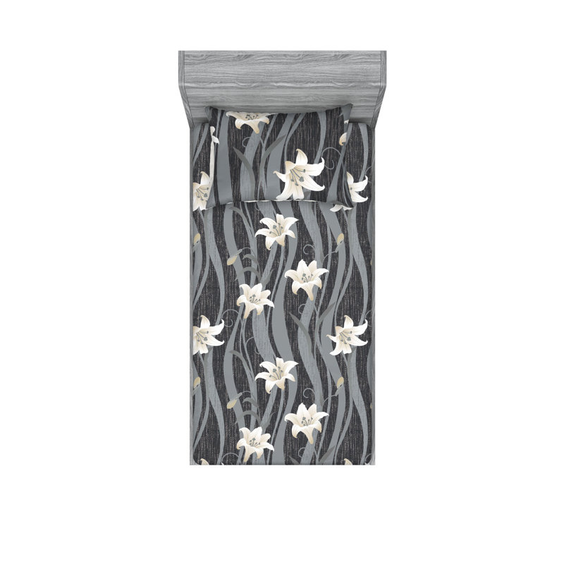 Drap-housse et taies décoratives 3 pièces Ambesonne, Coquille d'œuf, gris pâle / floral