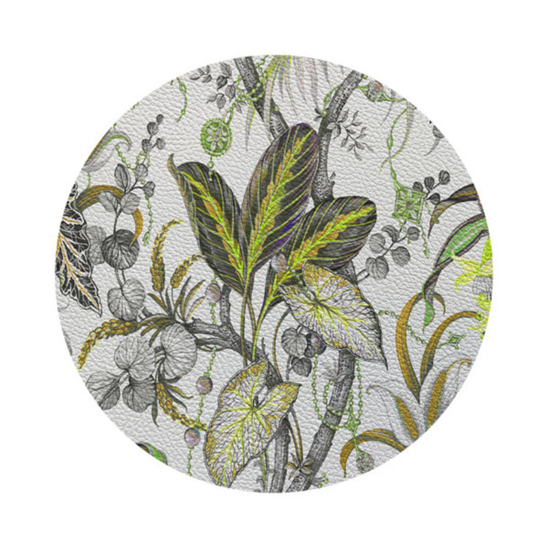 Amazonia Dovecote Black White Vegan Leather Round Coasters, Mustard