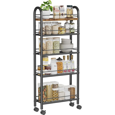 Slim Storage Cart, 5 Tier Narrow Utility Cart with Metal Frame and Wooden Top, Rolling Storage Organizer Shelving Unit for Kitchen, Dining Room, Living Room,Home Office, Vintage